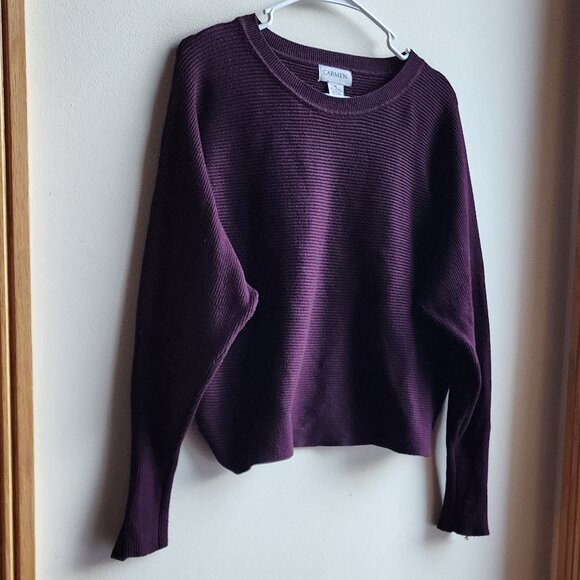 Carmen Marc Valvo Deep Purple Scoop Neck Ribbed Cropped Sweater Size XL - Picture 4 of 13